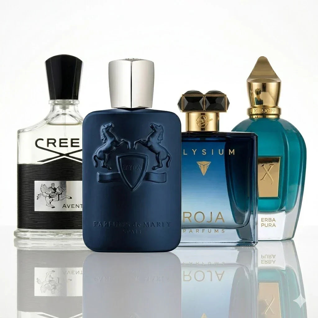 Set of 4 perfumes | Creed Aventus, Parfums de Marly Layton, Roja Elysium, Xerjoff Erba Pura.