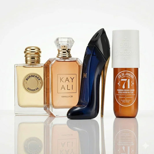 Set of 4 perfumes | Burberry Goddess, Kayali Vanilla 28, CH Good Girl, Sol de Janeiro '71.