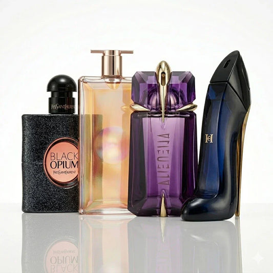 Set of 4 perfumes | YSL Black Opium, Lancôme Idôle, Mugler Alien, Carolina Herrera Good Girl.