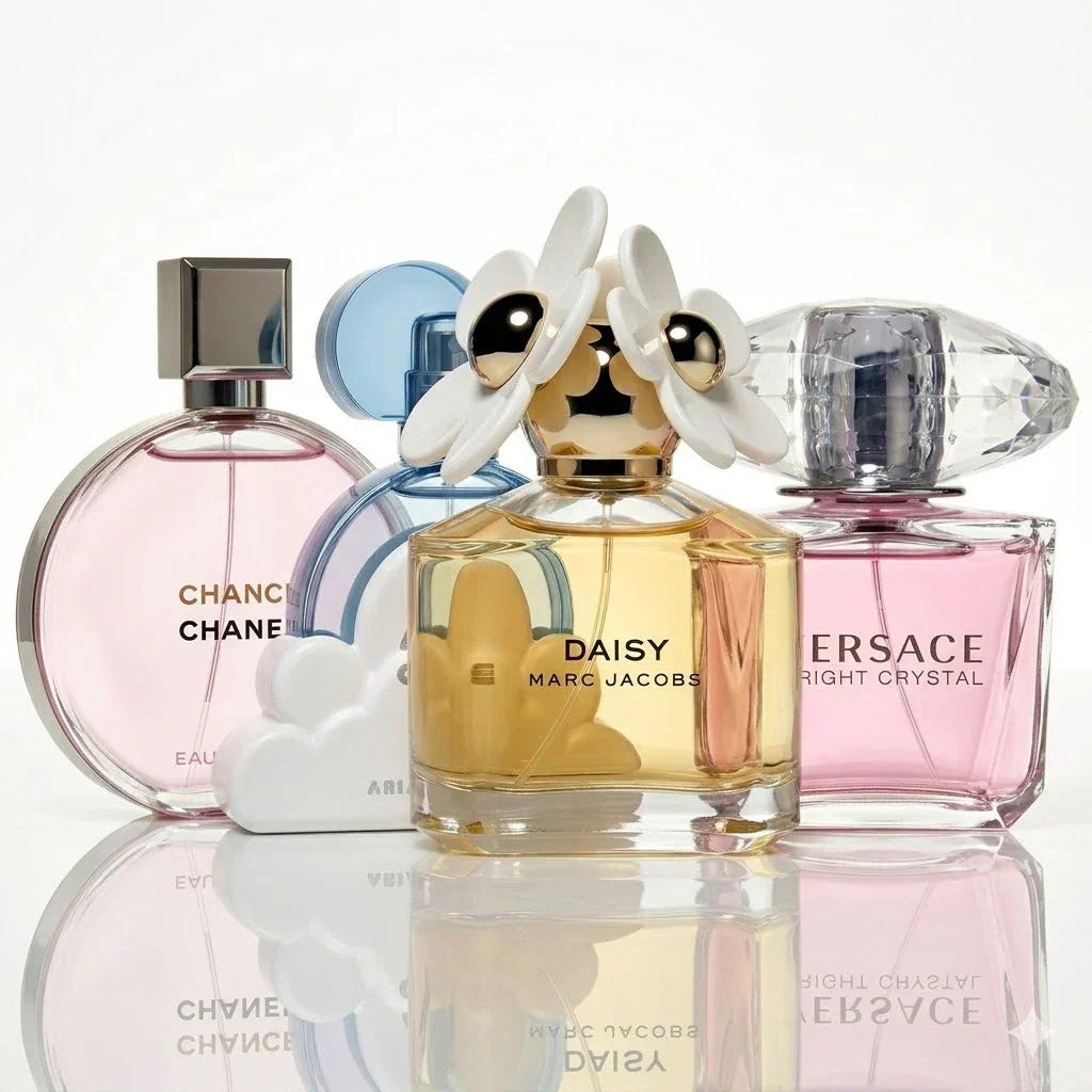 Set of 4 perfumes | Chanel Chance Eau Tendre, Ariana Grande Cloud, Marc Jacobs Daisy, Versace Bright Crystal.